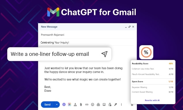 ChatGPT for Gmail writing an email from a prompt inside the Gmail compose window